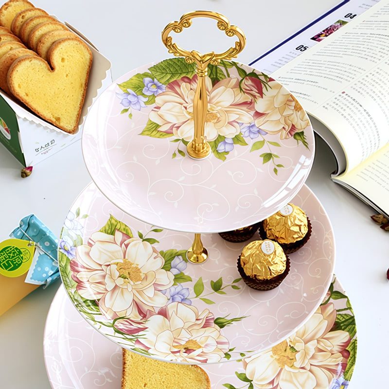 Etagere 3-stöckig aus Bone China mit Blumenmuster und Silbergestänge Flower Bone China 3-Tier Cake Stand with Silver Rods - 3