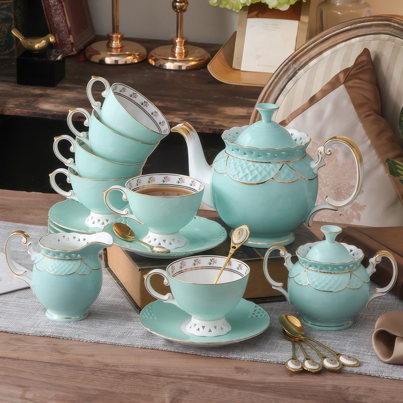 Openwork Floral Bone China English Tea Set with Gold Rim - 9