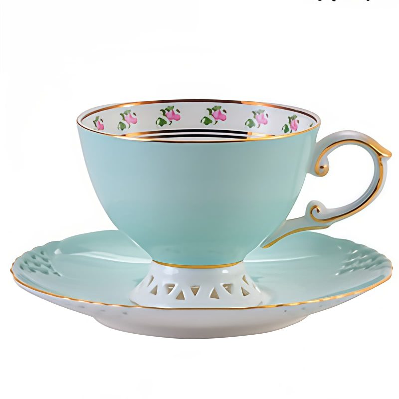 Openwork Floral Bone China English Tea Set with Gold Rim - 6