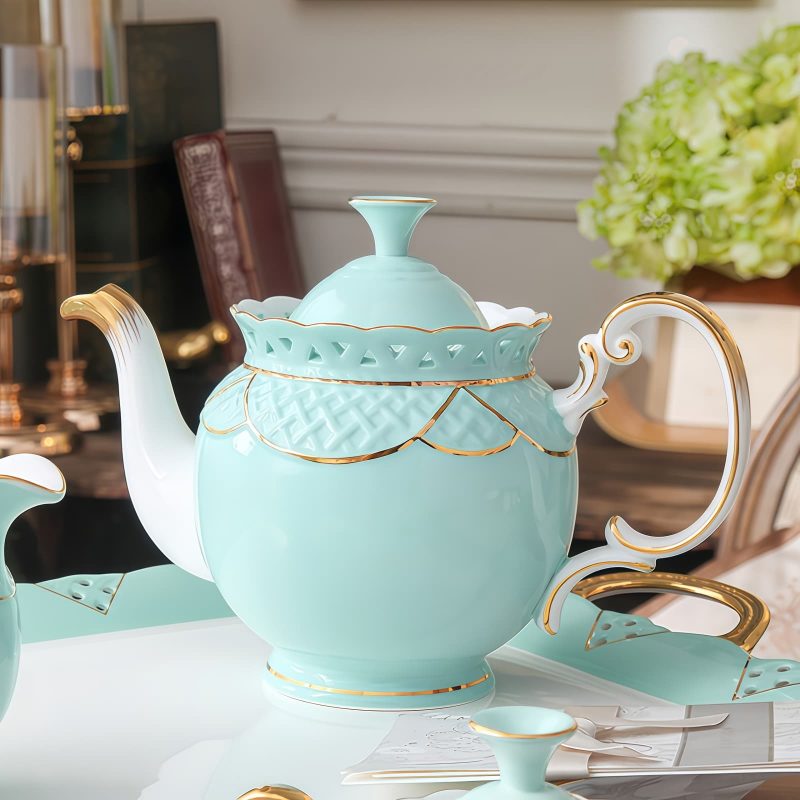 Openwork Floral Bone China English Tea Set with Gold Rim - 1