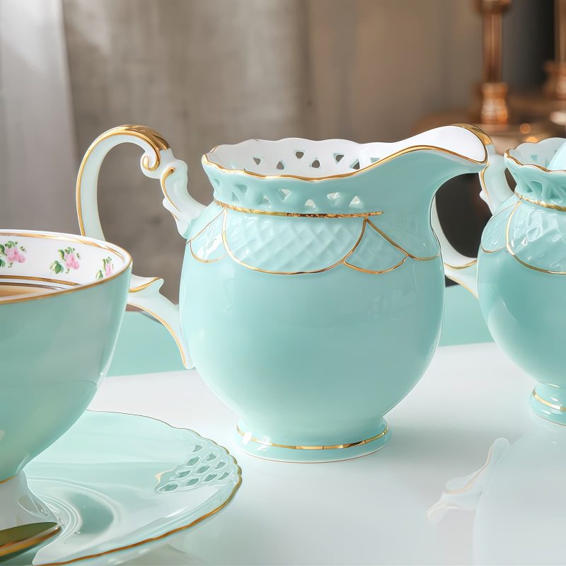 Openwork Floral Bone China English Tea Set with Gold Rim - 2