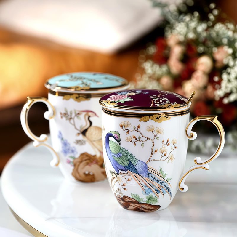 Bone-China-Tasse mit Phönix-Motiv, Deckel & Löffel Phoenix Pattern Bone China Mug with Lid & Spoon | Elegant Tea Cup - 4