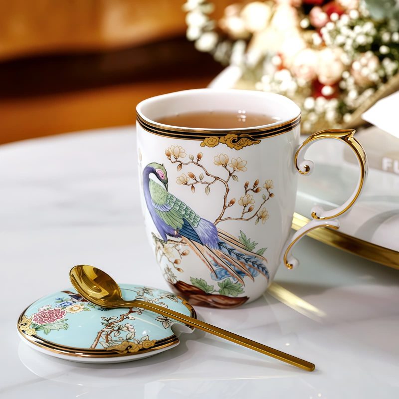 Bone-China-Tasse mit Phönix-Motiv, Deckel & Löffel Phoenix Pattern Bone China Mug with Lid & Spoon | Elegant Tea Cup - 2
