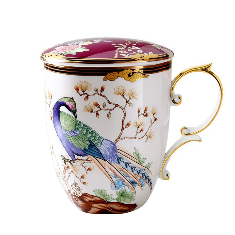 Bone-China-Tasse mit Phönix-Motiv, Deckel & Löffel Phoenix Pattern Bone China Mug with Lid & Spoon | Elegant Tea Cup - 6