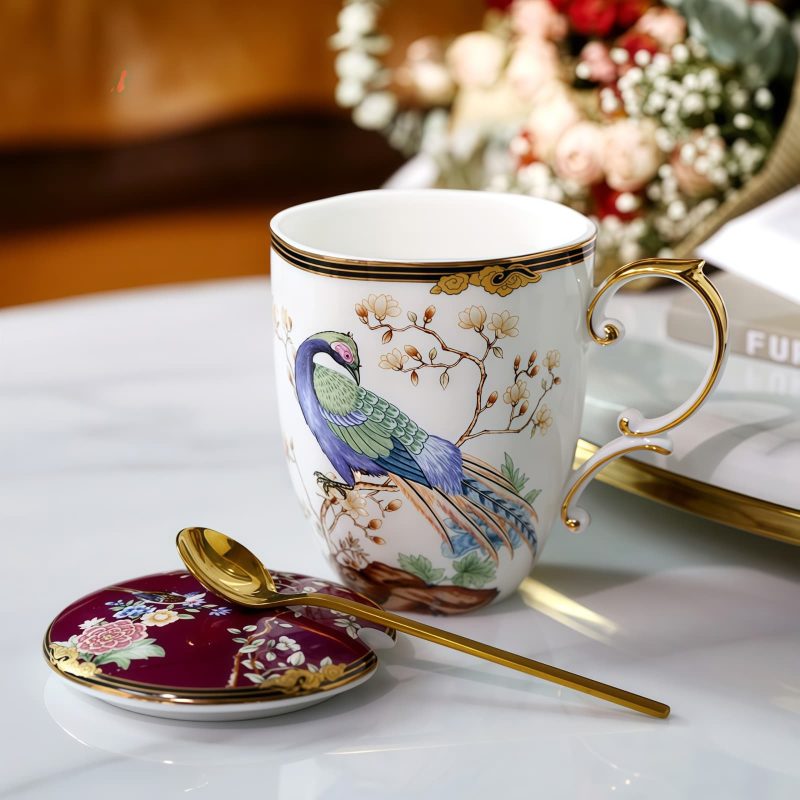 Bone-China-Tasse mit Phönix-Motiv, Deckel & Löffel Phoenix Pattern Bone China Mug with Lid & Spoon | Elegant Tea Cup - 1