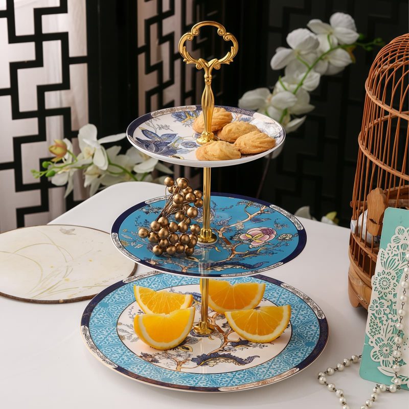 Blue Floral Bone China Cake Stand - Elegant Serving Tray - 1