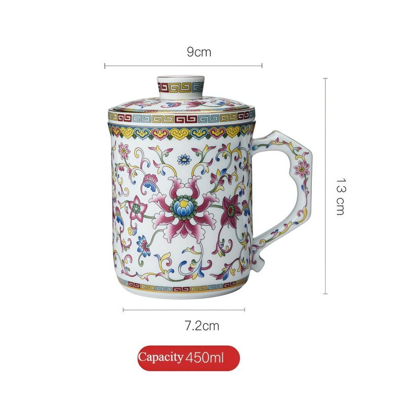 Handgemachte Porzellan-Teetasse mit Lotus-Muster, Teesieb & Deckel Lotus Pattern Porcelain Tea Mug with Infuser & Lid - 15oz - 1