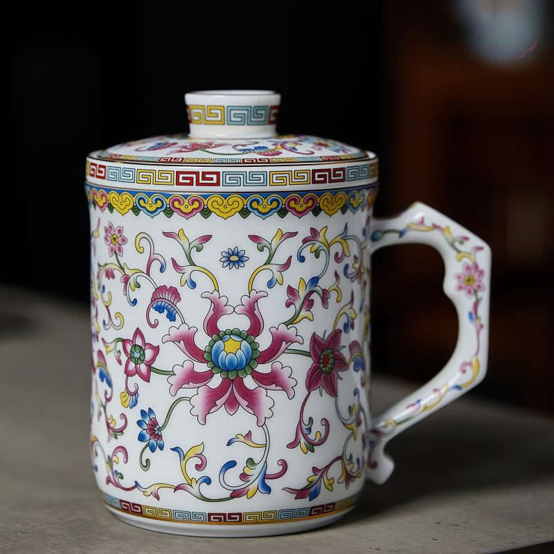 Handgemachte Porzellan-Teetasse mit Lotus-Muster, Teesieb & Deckel Lotus Pattern Porcelain Tea Mug with Infuser & Lid - 15oz - 2