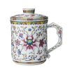 Handgemachte Porzellan-Teetasse mit Lotus-Muster, Teesieb & Deckel Lotus Pattern Porcelain Tea Mug with Infuser & Lid - 15oz - 9
