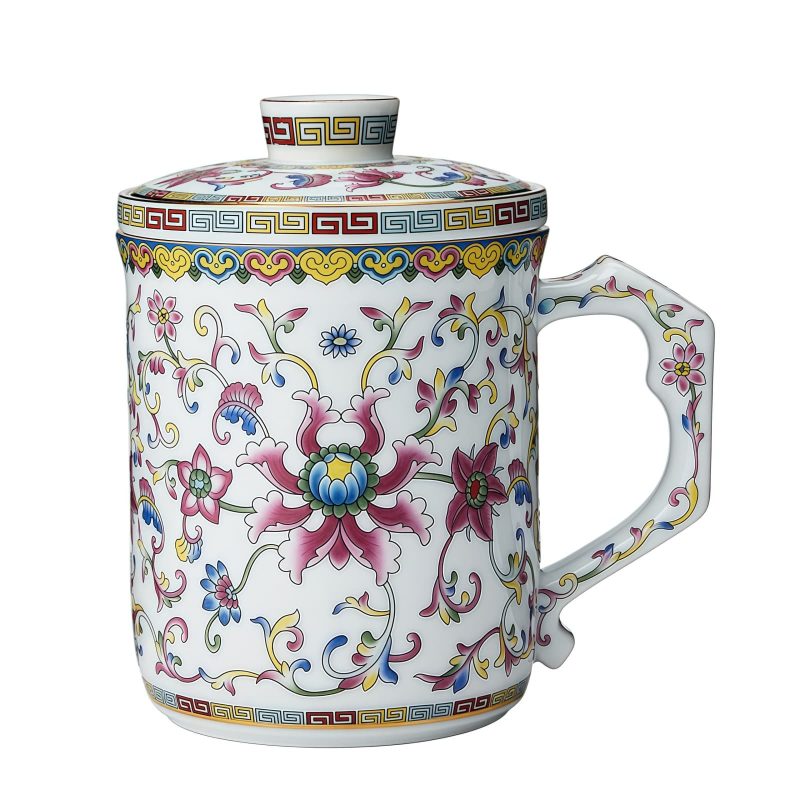 Handgemachte Porzellan-Teetasse mit Lotus-Muster, Teesieb & Deckel Lotus Pattern Porcelain Tea Mug with Infuser & Lid - 15oz - 9