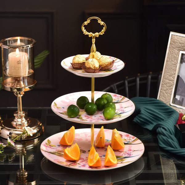 Etagere aus feinem Bone China mit rosa Vogel- und Blütenmuster Etagere aus feinem Bone China mit rosa Vogel- und Blütenmuster