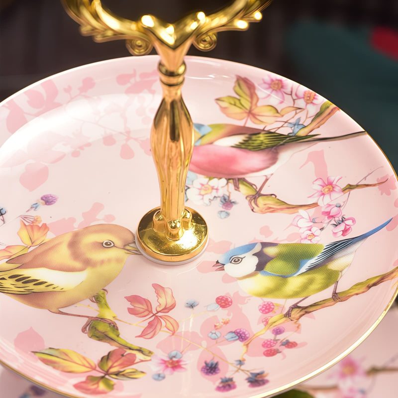 Etagere aus feinem Bone China mit rosa Vogel- und Blütenmuster Pink Bird Flower Bone China Tiered Cake Stand - Elegant Dessert Server - 3
