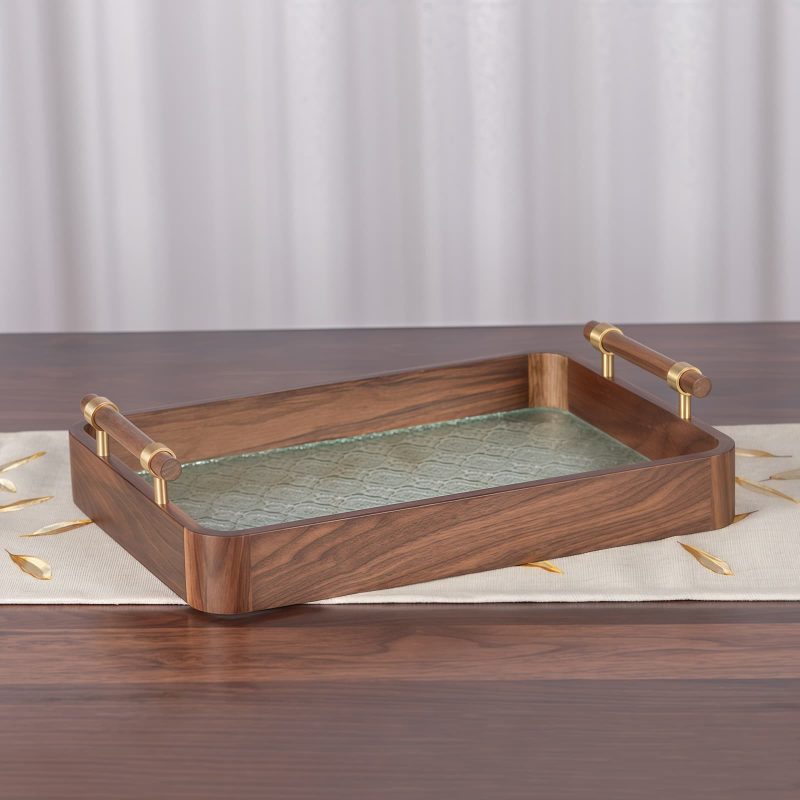Rechteckiges Serviertablett aus Walnussholz & gehärtetem Glas mit Zapfenverbindung Rectangular Walnut Tempered Glass Tea & Fruit Tray | Mortise & Tenon - 3