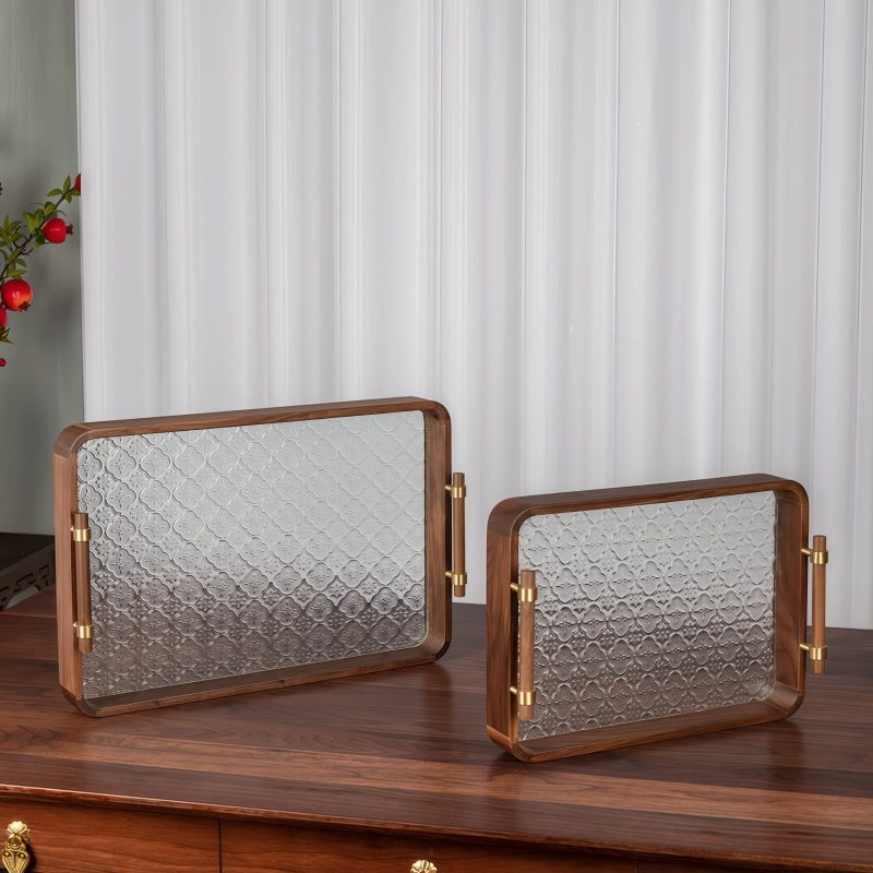 Rechteckiges Serviertablett aus Walnussholz & gehärtetem Glas mit Zapfenverbindung Rectangular Walnut Tempered Glass Tea & Fruit Tray | Mortise & Tenon - 2
