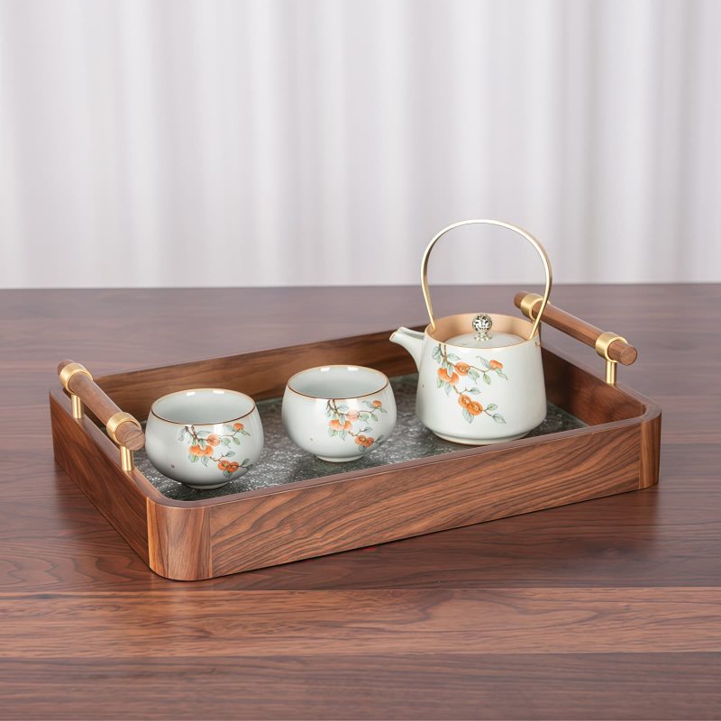 Rechteckiges Serviertablett aus Walnussholz & gehärtetem Glas mit Zapfenverbindung Rectangular Walnut Tempered Glass Tea & Fruit Tray | Mortise & Tenon - 1