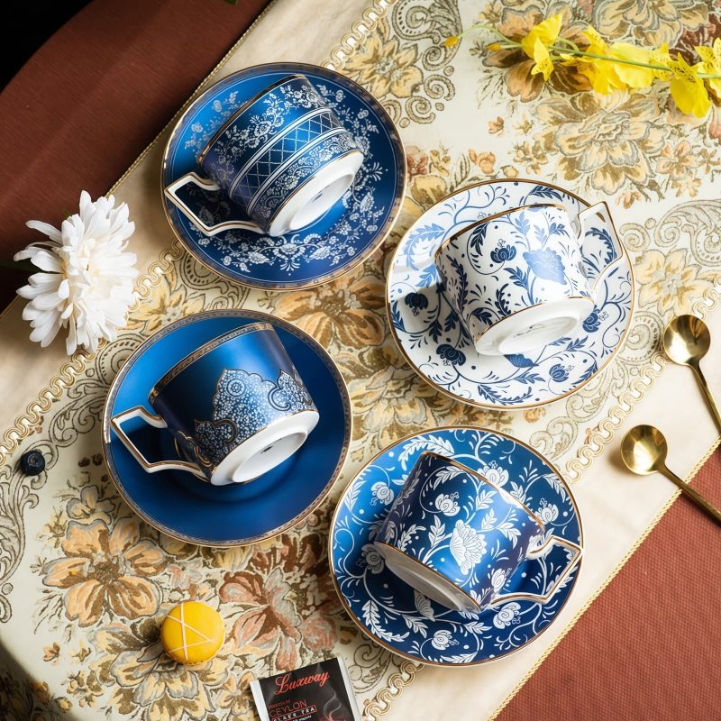 White & Blue Patterned Porcelain Cup & Saucer Set with Gift Box - 5