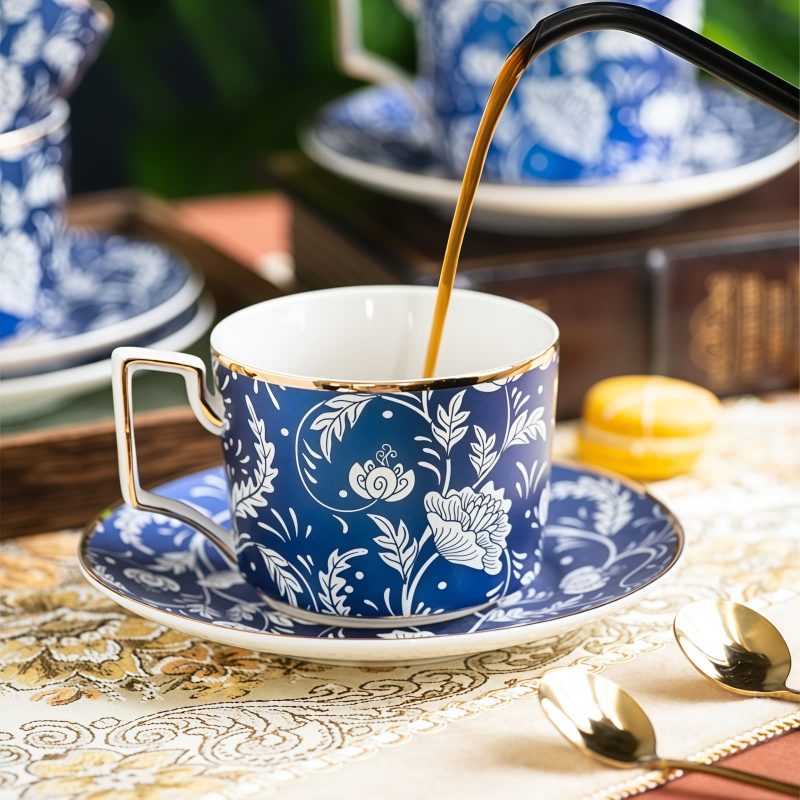 White & Blue Patterned Porcelain Cup & Saucer Set with Gift Box - 1