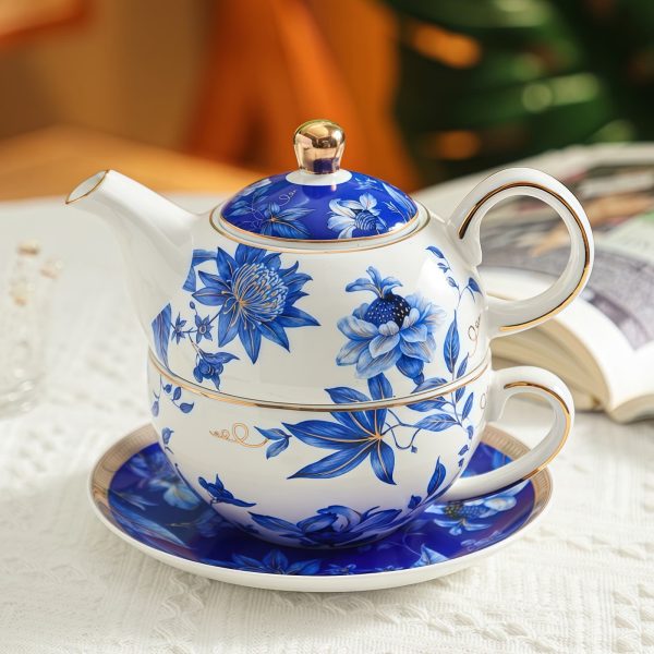 Blue Peony Porcelain Tea for One Set with Golden Accents - 1
