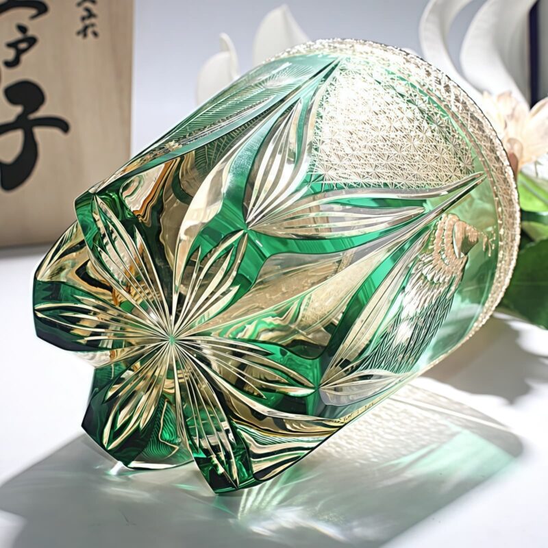 Handgefertigtes Edo-Kiriko-Whiskyglas mit Pfauen-Motiv & Holzkiste Regal Feather Dance: Edo Kiriko Peacock Motif Whisky Glass & Wooden Box - 4