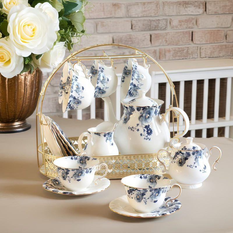 Englisches Teeservice aus Porzellan mit Blumenmuster und Ständer Floral English Tea Set with Rack | Porcelain Teapot Set - 9