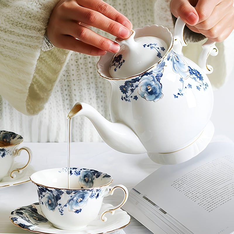 Englisches Teeservice aus Porzellan mit Blumenmuster und Ständer Floral English Tea Set with Rack | Porcelain Teapot Set - 7