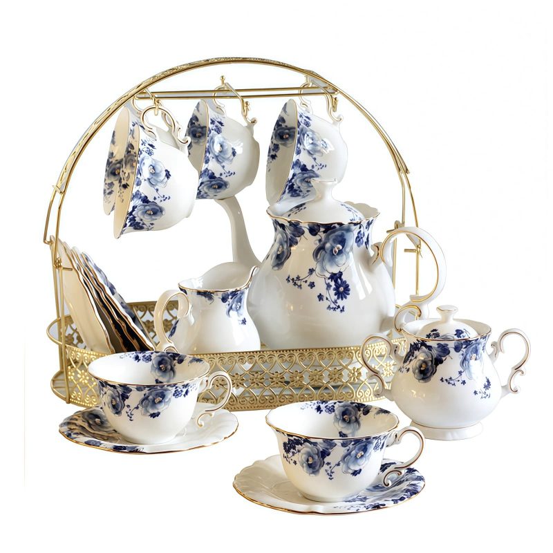 Englisches Teeservice aus Porzellan mit Blumenmuster und Ständer Floral English Tea Set with Rack | Porcelain Teapot Set - 1