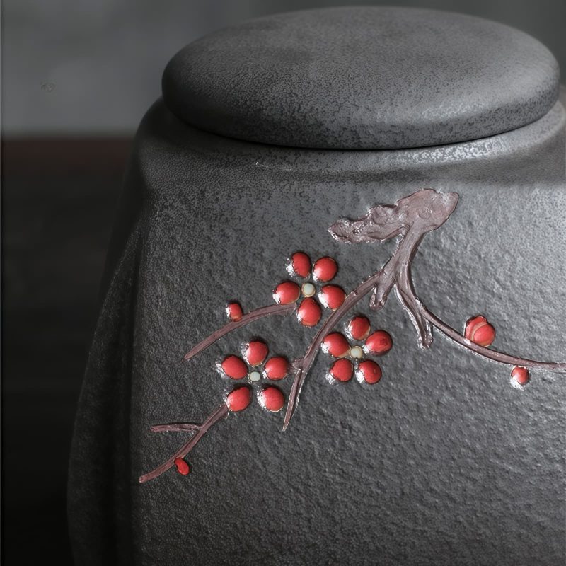 Keramik-Teedose mit Pflaumenblüten-Motiv und luftdichtem Verschluss Plum Blossom Ceramic Tea Caddy with Airtight Seal - Loose Leaf Storage - 6