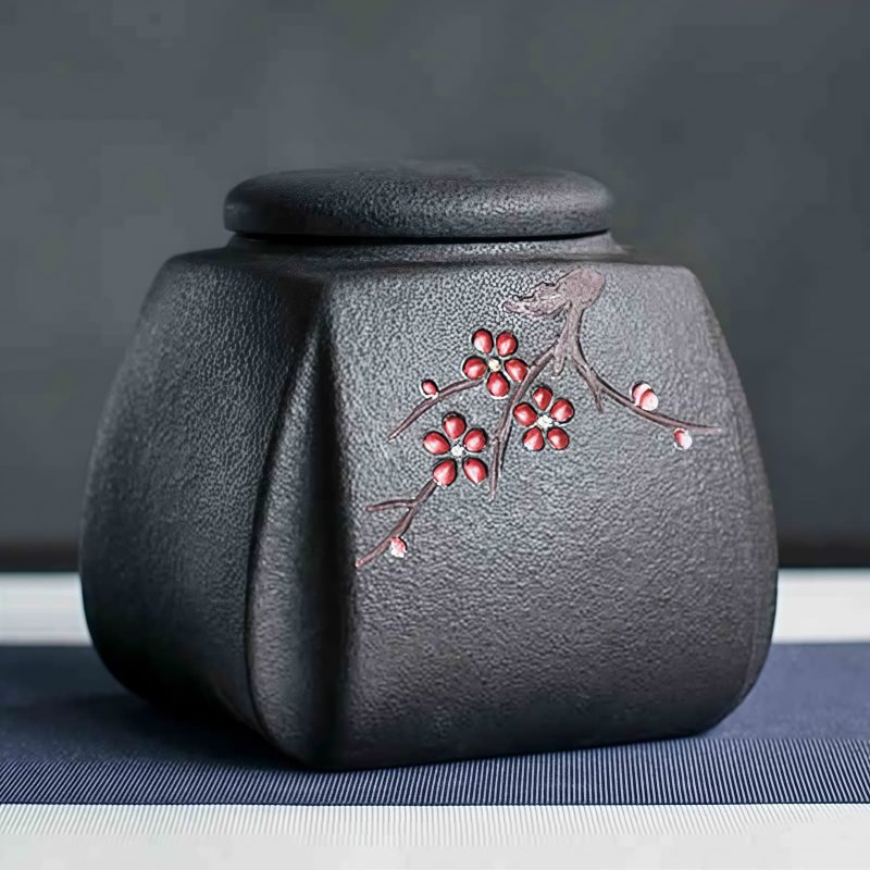 Keramik-Teedose mit Pflaumenblüten-Motiv und luftdichtem Verschluss Plum Blossom Ceramic Tea Caddy with Airtight Seal - Loose Leaf Storage - 5