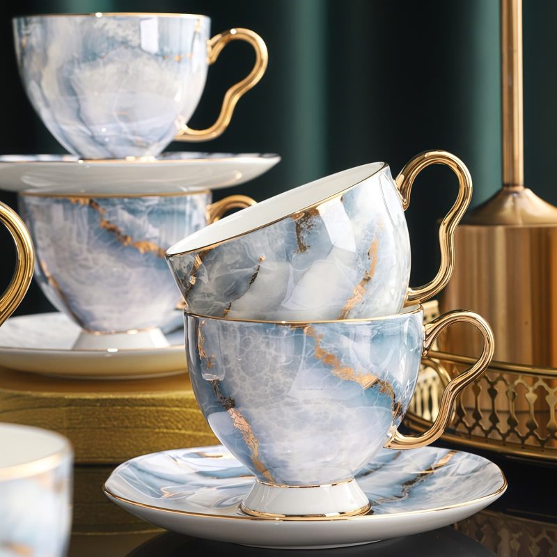 Bone China Teeservice im Marmor-Design mit Goldrand Marble Pattern Bone China Tea Set with Gold Trim - 15 Pcs - 5