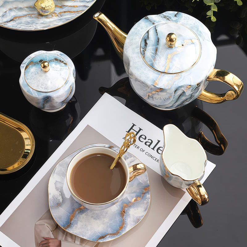 Bone China Teeservice im Marmor-Design mit Goldrand Marble Pattern Bone China Tea Set with Gold Trim - 15 Pcs - 2