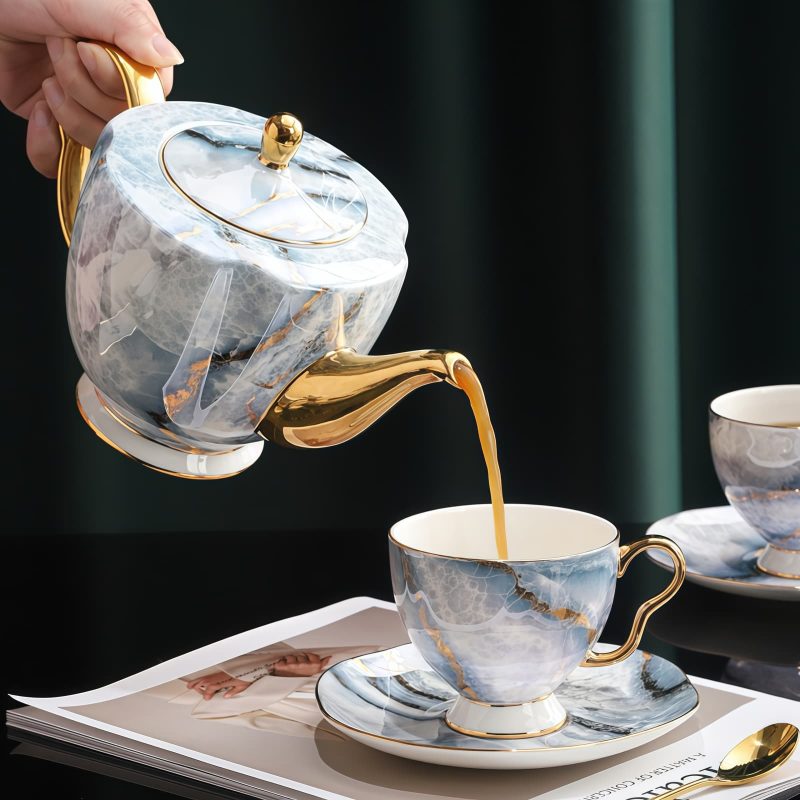 Bone China Teeservice im Marmor-Design mit Goldrand Marble Pattern Bone China Tea Set with Gold Trim - 15 Pcs - 1