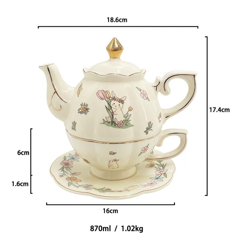 Rabbit Flower Porcelain Tea Set for One | Gold Accents & Infuser - 5