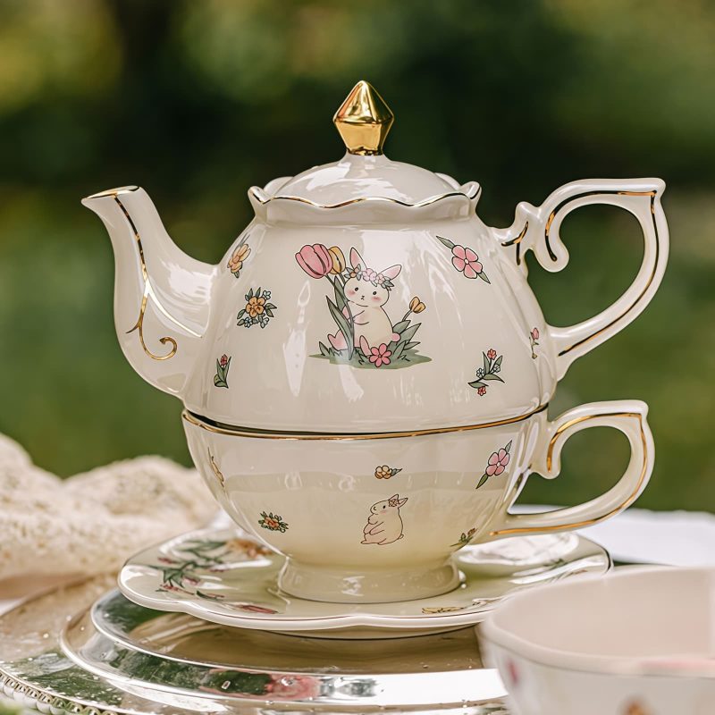 Rabbit Flower Porcelain Tea Set for One | Gold Accents & Infuser - 6