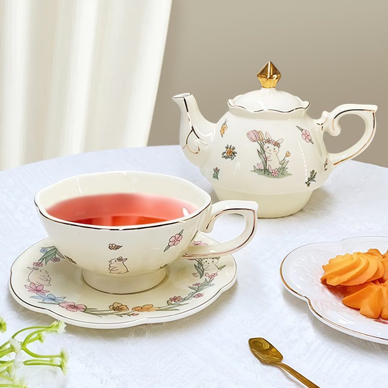 Rabbit Flower Porcelain Tea Set for One | Gold Accents & Infuser - 4