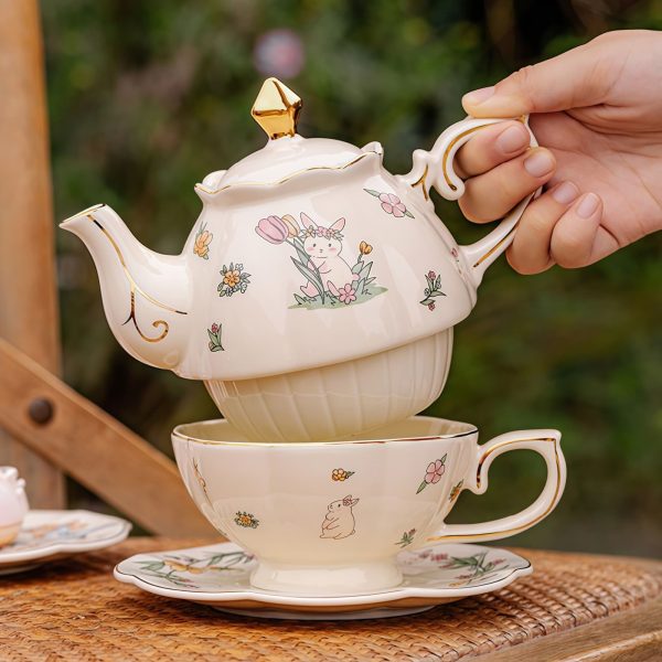 Rabbit Flower Porcelain Tea Set for One | Gold Accents & Infuser - 1