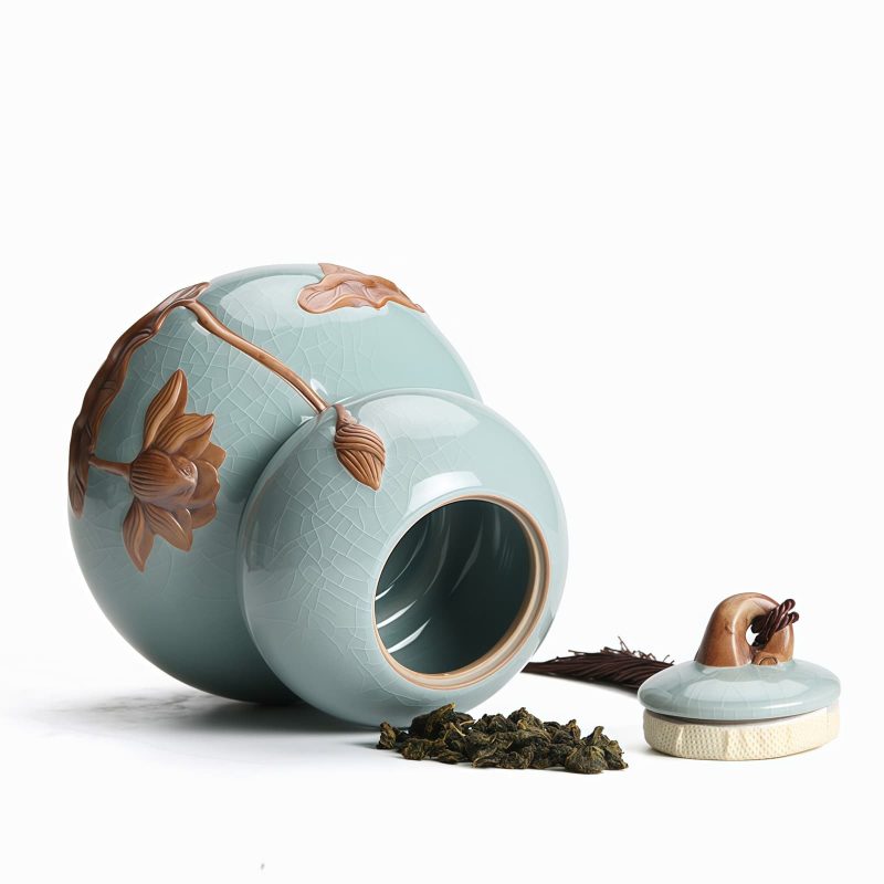 Hulu-Teedose aus Keramik mit handgemaltem Lotus-Motiv Hand-painted Lotus Hulu Ceramic Tea Caddy | Loose Tea Tin Storage - 6