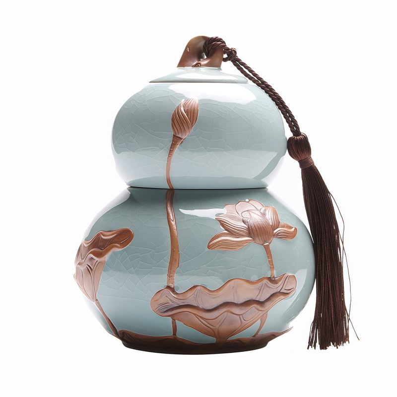 Hulu-Teedose aus Keramik mit handgemaltem Lotus-Motiv Hand-painted Lotus Hulu Ceramic Tea Caddy | Loose Tea Tin Storage - 2