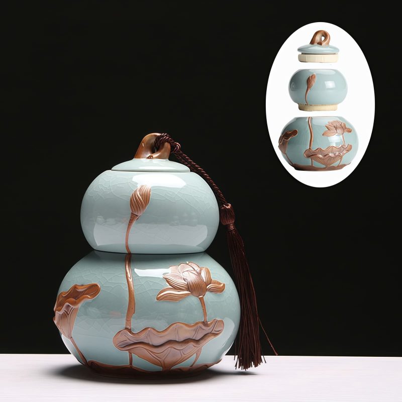 Hulu-Teedose aus Keramik mit handgemaltem Lotus-Motiv Hand-painted Lotus Hulu Ceramic Tea Caddy | Loose Tea Tin Storage - 5
