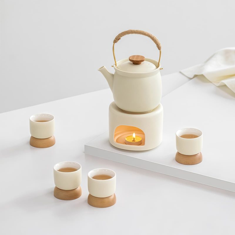 Weißes Keramik-Teeset mit Stövchen White Ceramic Tea Set with Warmer - Japanese Porcelain - 6