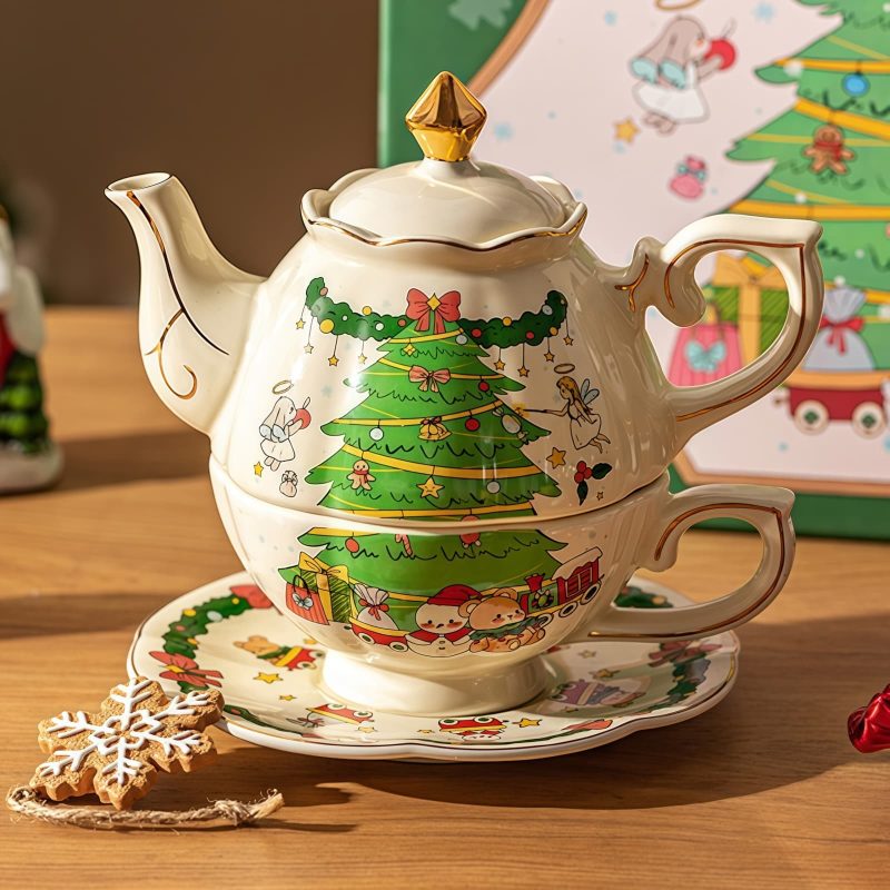 Porzellan-Teeset „Tea for One“ mit Weihnachtsbaum-Motiv Christmas Tree Porcelain Tea Set for One | Festive Teapot & Cup Set - 9