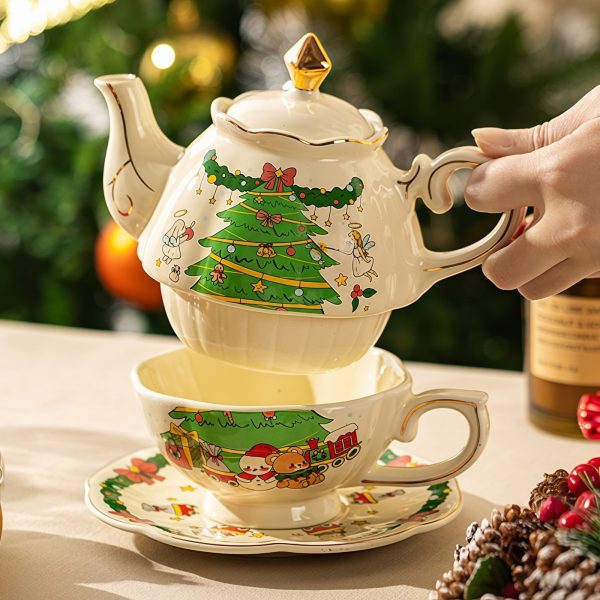 Christmas Tree Porcelain Tea Set for One | Festive Teapot & Cup Set - 1