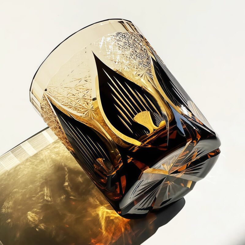 Edo Kiriko Handcrafted Amber Whisky Glass - Candlelight Serenade - 7