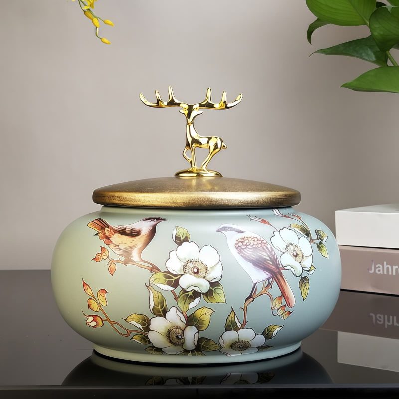 Keramik-Teedose „Grüner Vogel & Blume“ Green Bird & Flower Ceramic Tea Caddy - Decorative Loose Tea Tin - 6