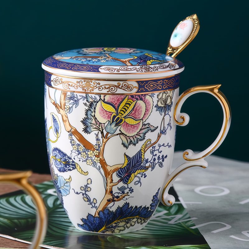 Klassischer Bone-China-Becher mit Deckel & Löffel Classical Bone China Mug with Lid & Spoon | Feicui Elegant Tea/Coffee Cup - 1