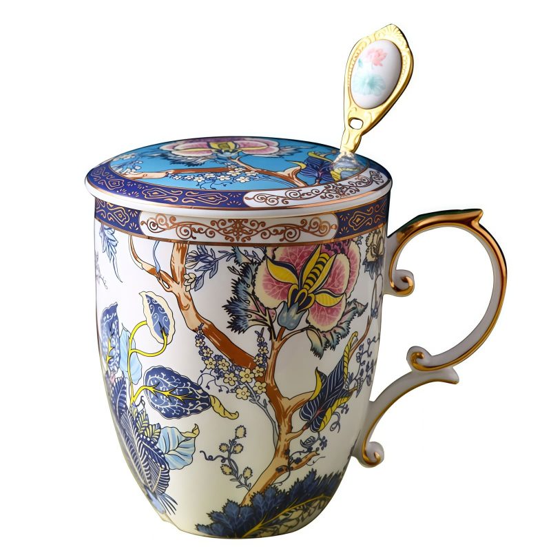Klassischer Bone-China-Becher mit Deckel & Löffel Classical Bone China Mug with Lid & Spoon | Feicui Elegant Tea/Coffee Cup - 6