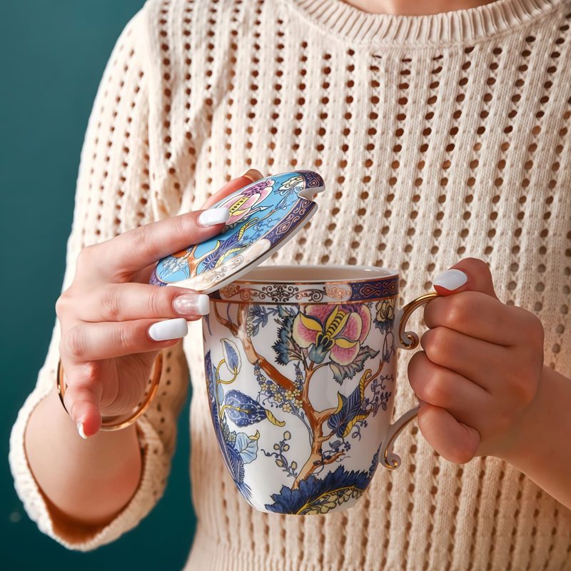 Klassischer Bone-China-Becher mit Deckel & Löffel Classical Bone China Mug with Lid & Spoon | Feicui Elegant Tea/Coffee Cup - 5