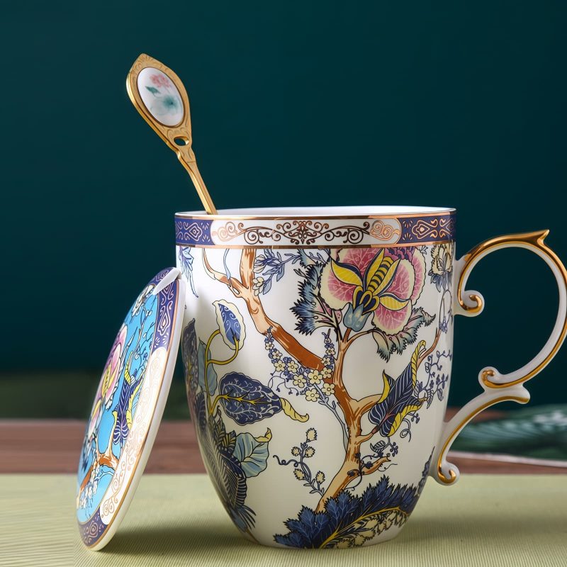 Klassischer Bone-China-Becher mit Deckel & Löffel Classical Bone China Mug with Lid & Spoon | Feicui Elegant Tea/Coffee Cup - 2