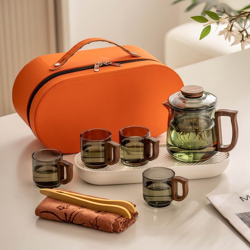 Portable Glass Travel Tea Set with Case - Modern Gongfu Brewing - 8