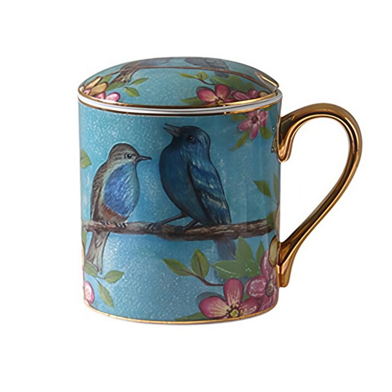 Bone-China-Tasse mit Vogel-Motiv, Deckel & Löffel Bird Bone China Mug with Lid & Spoon - Elegant Ceramic Tea Mug - 6
