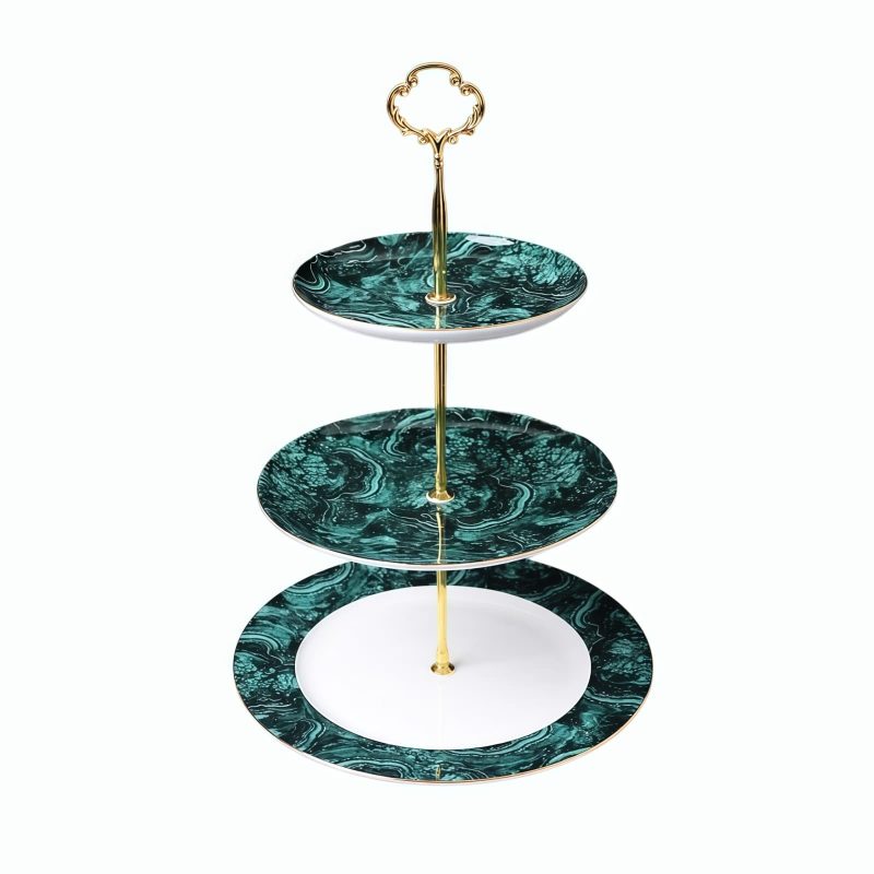 Grüne Porzellan-Etagere mit goldenem Gestänge Green Porcelain Tiered Cake Stand with Gold Rods | Elegant Dessert Display - 4